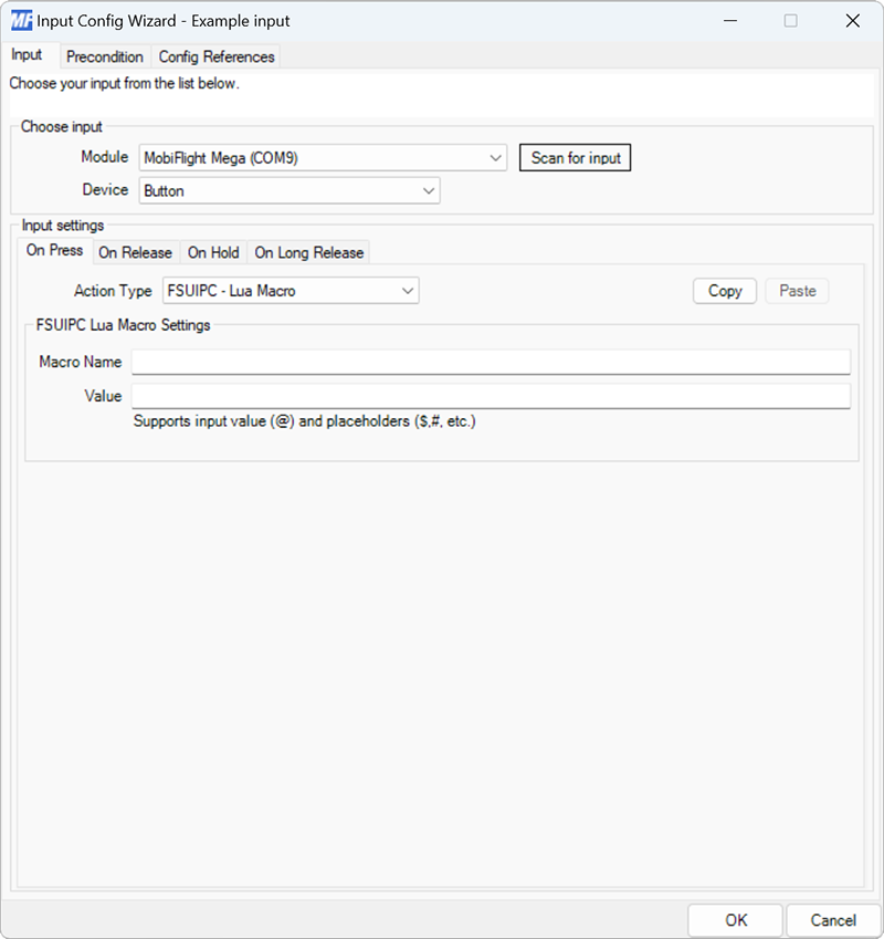 Screenshot of a button input with the FSUIPC - PMDG - Event ID action type selected.